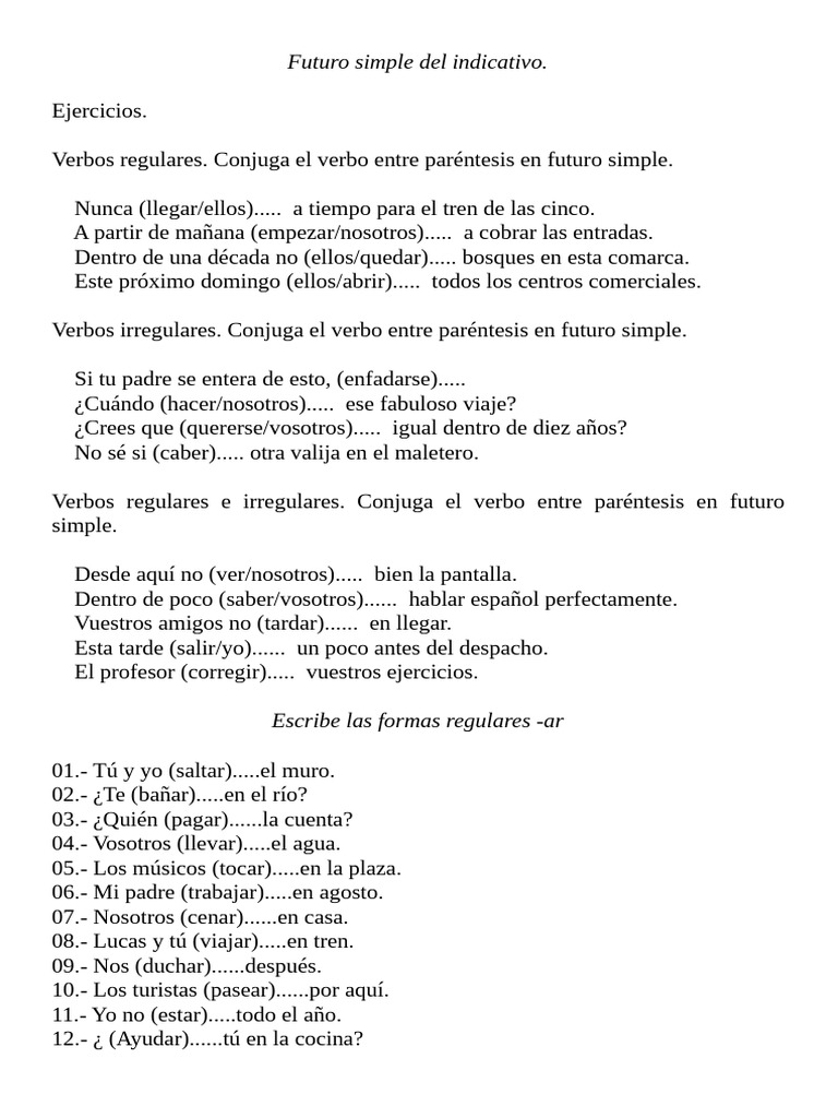 Ejercicios de Futuro Simple en Español | PDF