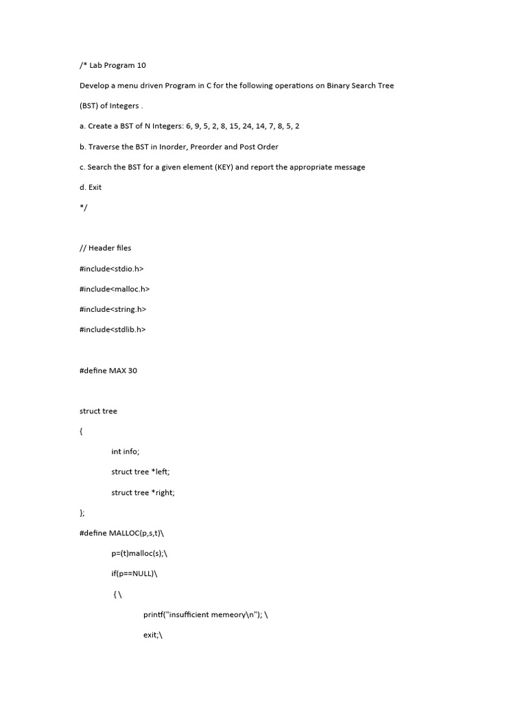 C Program for Binary Search Tree Operations | PDF | Algorithms And Data ...