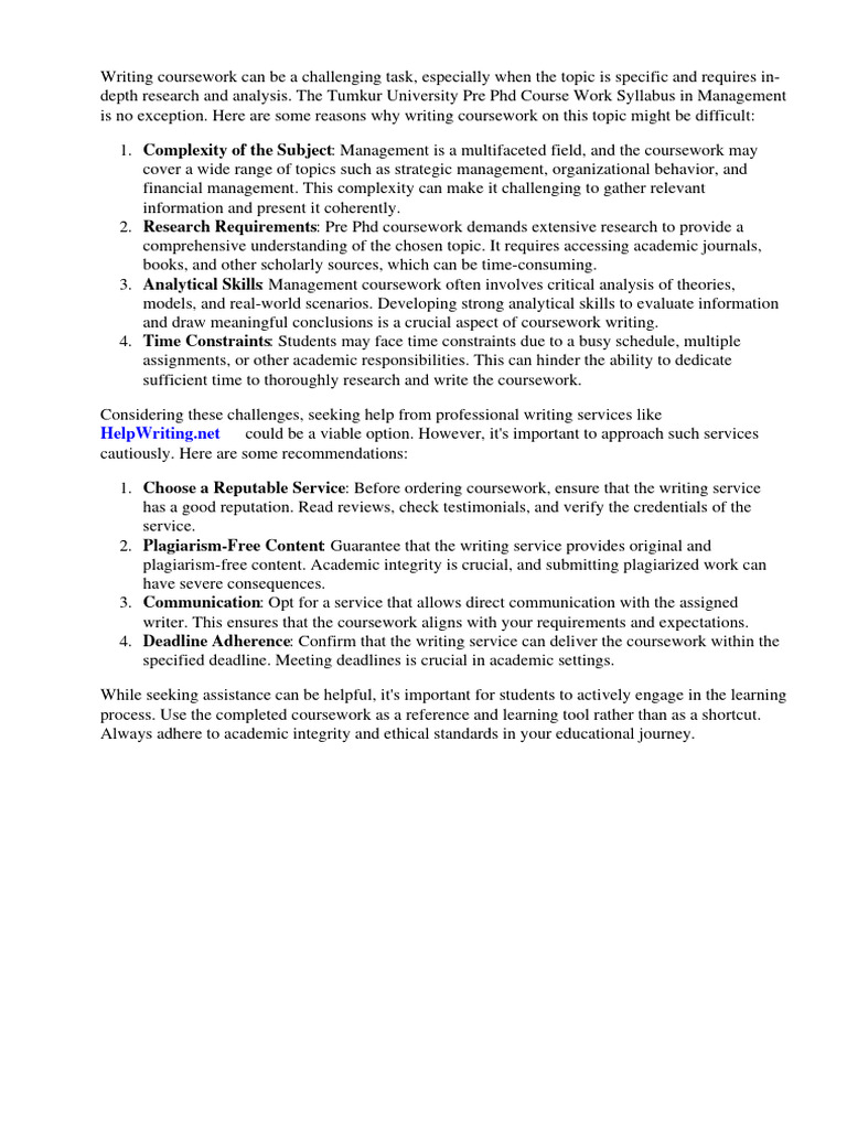 Tumkur University Pre PHD Course Work Syllabus Management PDF