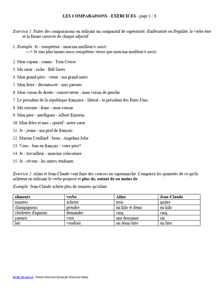 Exercices sur les Comparaisons en Français | PDF | Paris