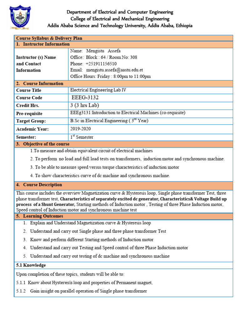 4th Semester Electrical Engineering Lab Syllabus | PDF | Electric Motor ...