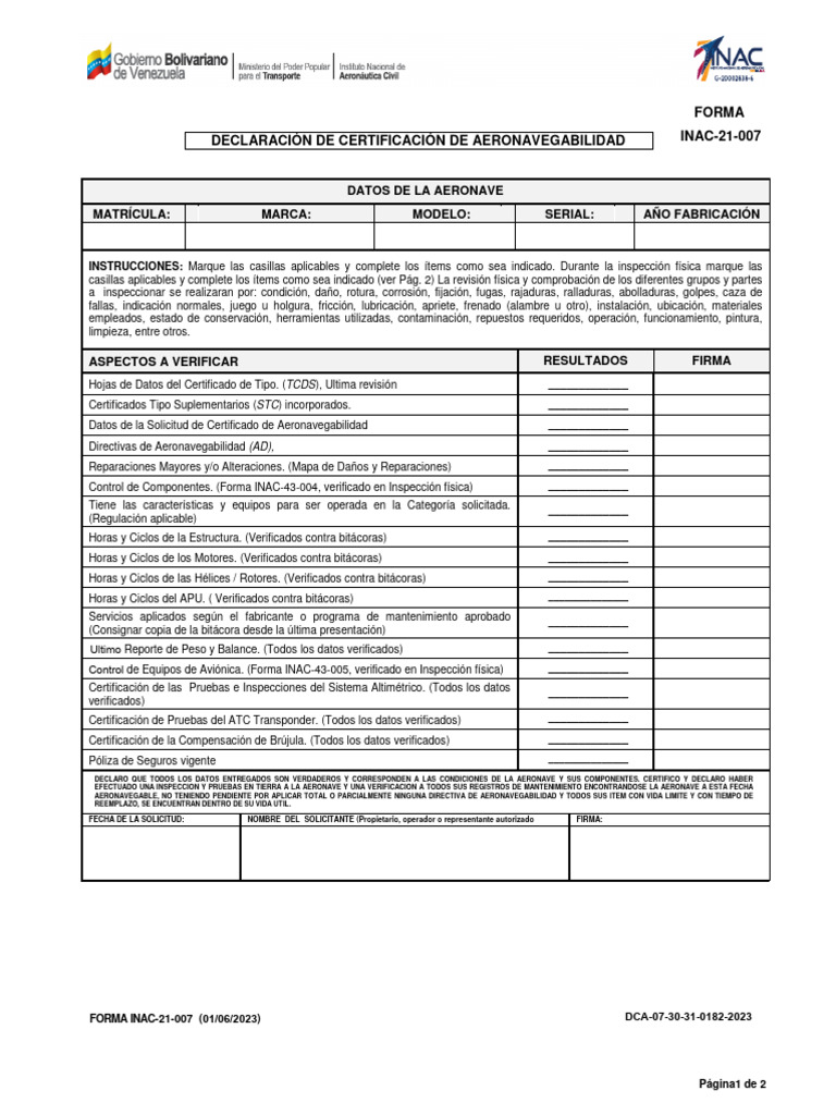 FORMA INAC-21-007 - Declaración de Certificación de Aeronavegabilidad ...