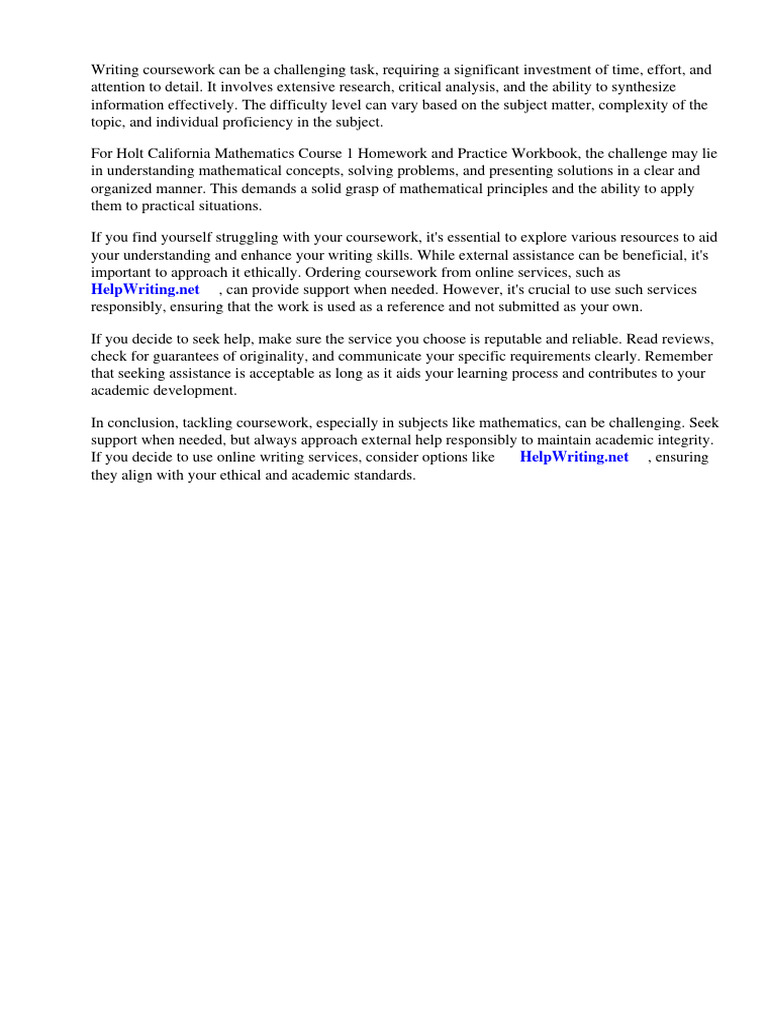 Holt California Mathematics Course 1 Homework and Practice Workbook ...