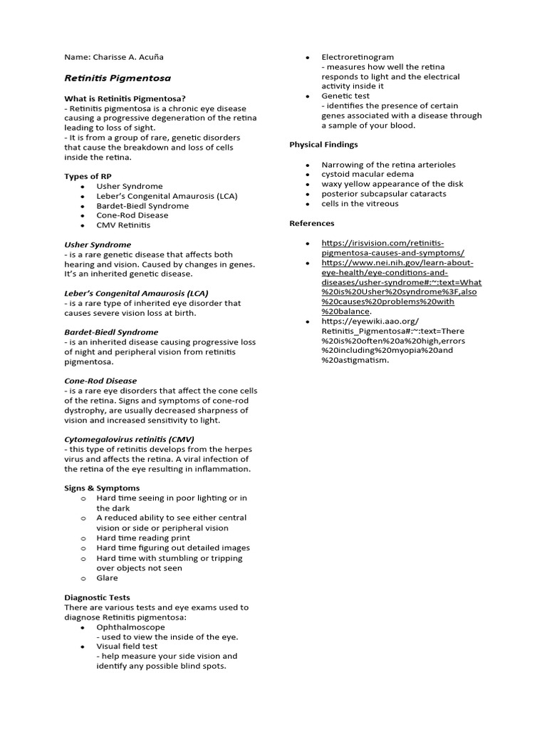 Retinitis Pigmentosa Handout | PDF | Retina | Medical Specialties