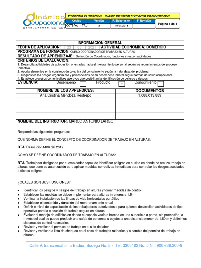 1 Taller Coordinador | PDF | Seguridad y salud ocupacional