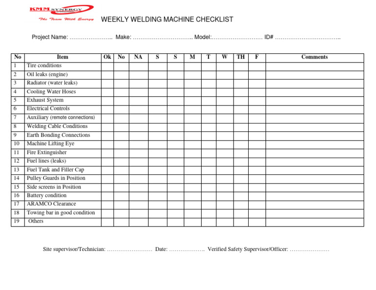 Mobile Welding Machine Inspection Checklist Updated PDF