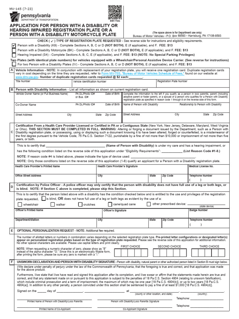 Disability Registration Plate Application | PDF | Vehicle Registration ...