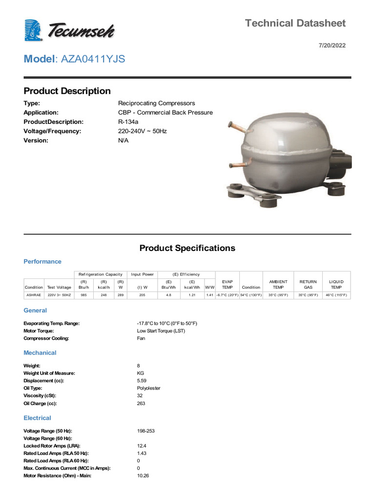 AZA0411YJS Reciprocating Compressor Specs | PDF | Science & Mathematics ...