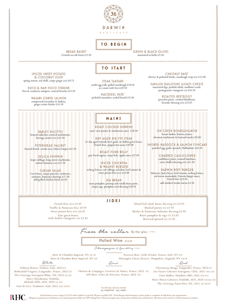 Darwin Brasserie Menu Overview | PDF | Foods | Wine