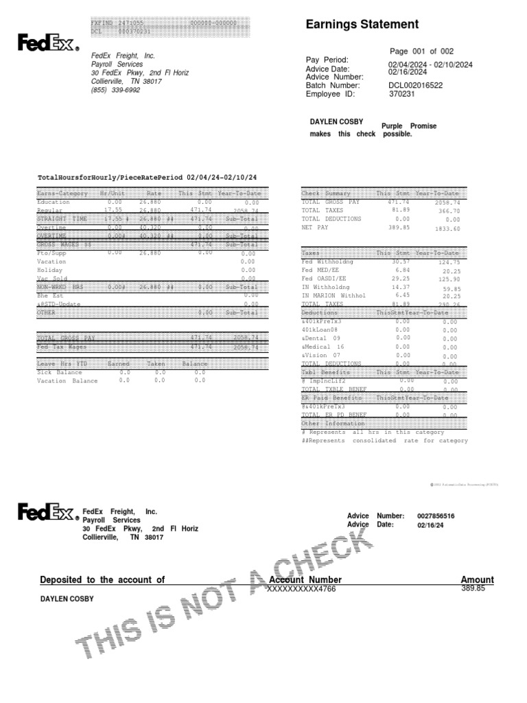 FedEx Employee Pay Stub Example | PDF | Payroll | Employee Relations