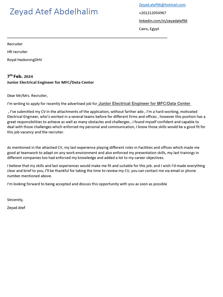 Junior Electrical Engineer Application | PDF