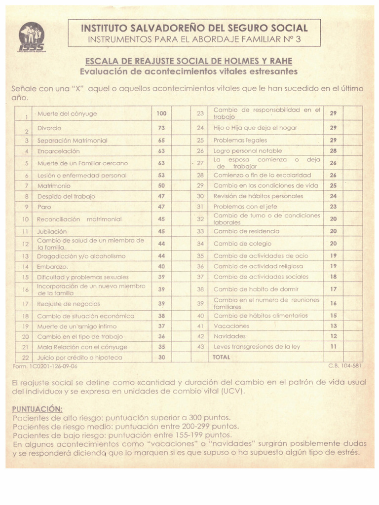 Escala De Estrés De Holmes Rahe Para Imprimir