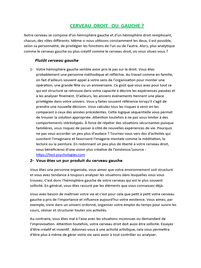 Cerveau Droit ou Gauche Test et Analyse PDF Hémisphère cérébral — free download