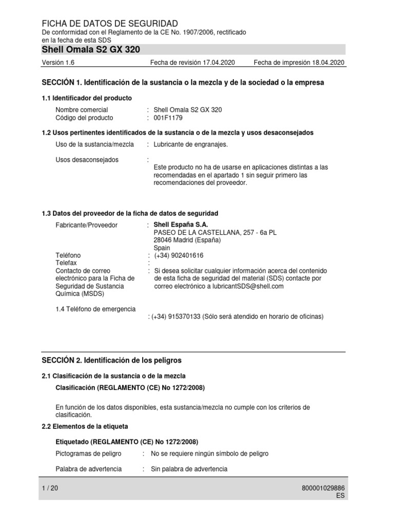 Ficha de Seguridad Shell Omala S2 GX 320 | PDF | Residuos | Ciencias ...