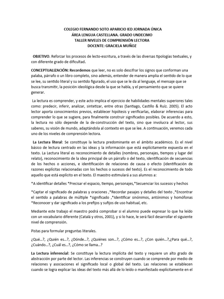 Niveles de Lectura | PDF | Comprensión lectora | Inferencia