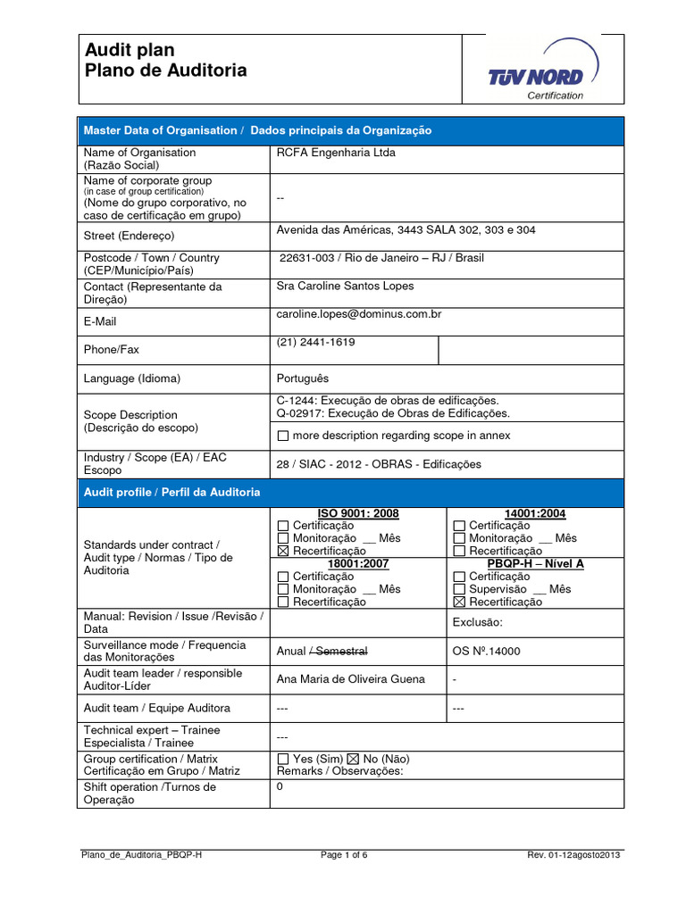 Plano de Auditoria da RCFA Engenharia | PDF | Business