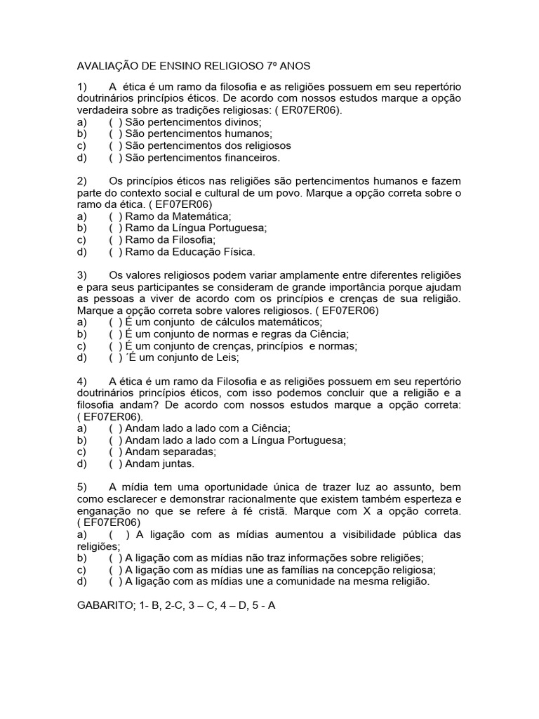 Avaliação de Ensino Religioso 7º Anos | PDF