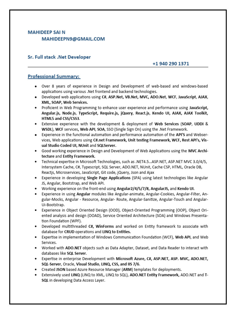 Senior .NET Developer Profile | PDF | Microsoft Sql Server | Entity ...