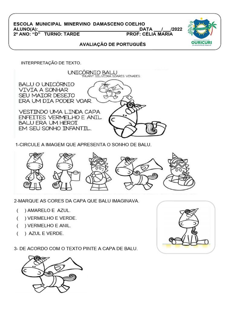 AVALIAÇÃO DE PORTUGUES 1 BIMESTRE - 2 ºano D | PDF