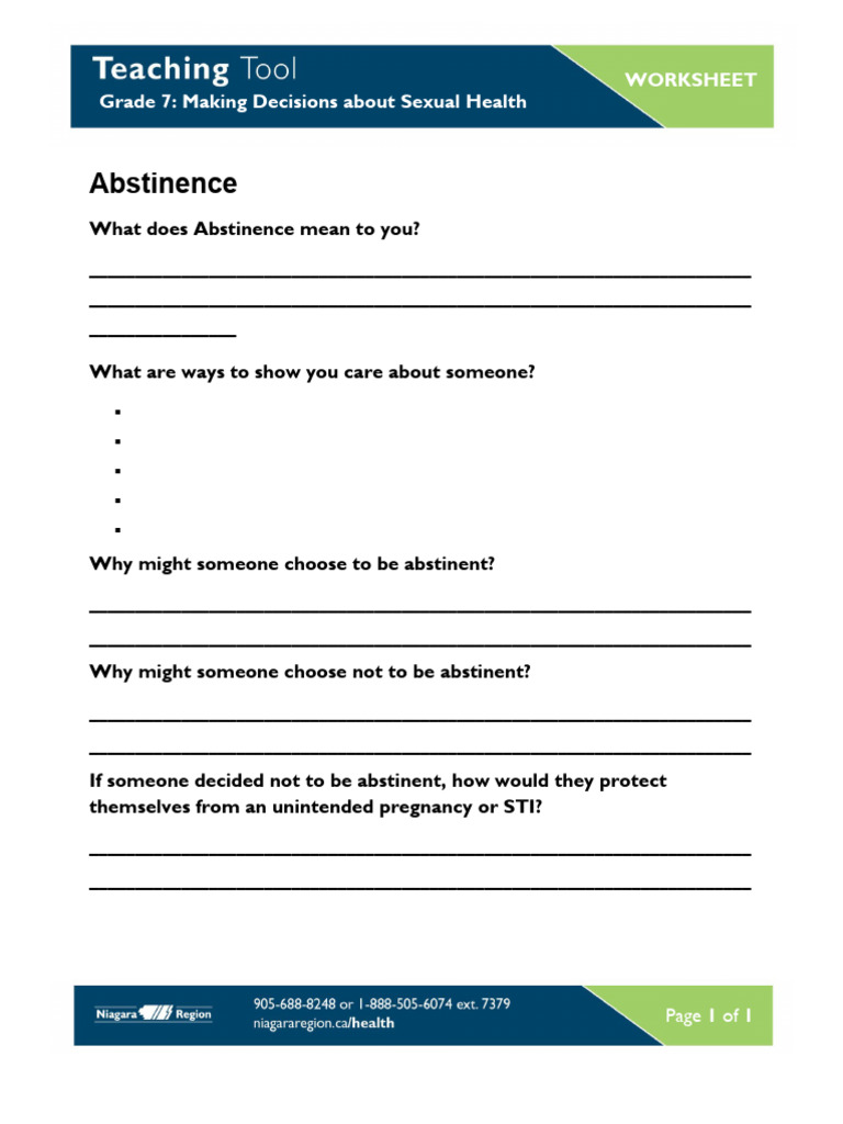 Abstinence Worksheet PDF