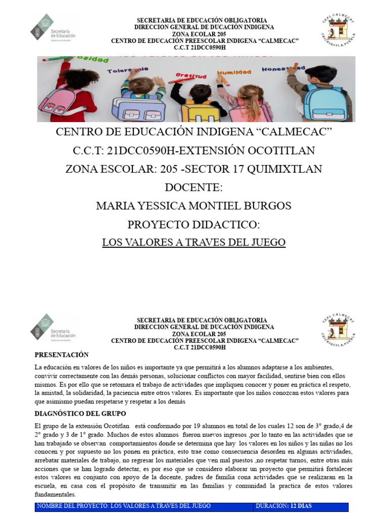 Proyecto Didáctico: Valores a Través del Juego | PDF | Educación de la ...