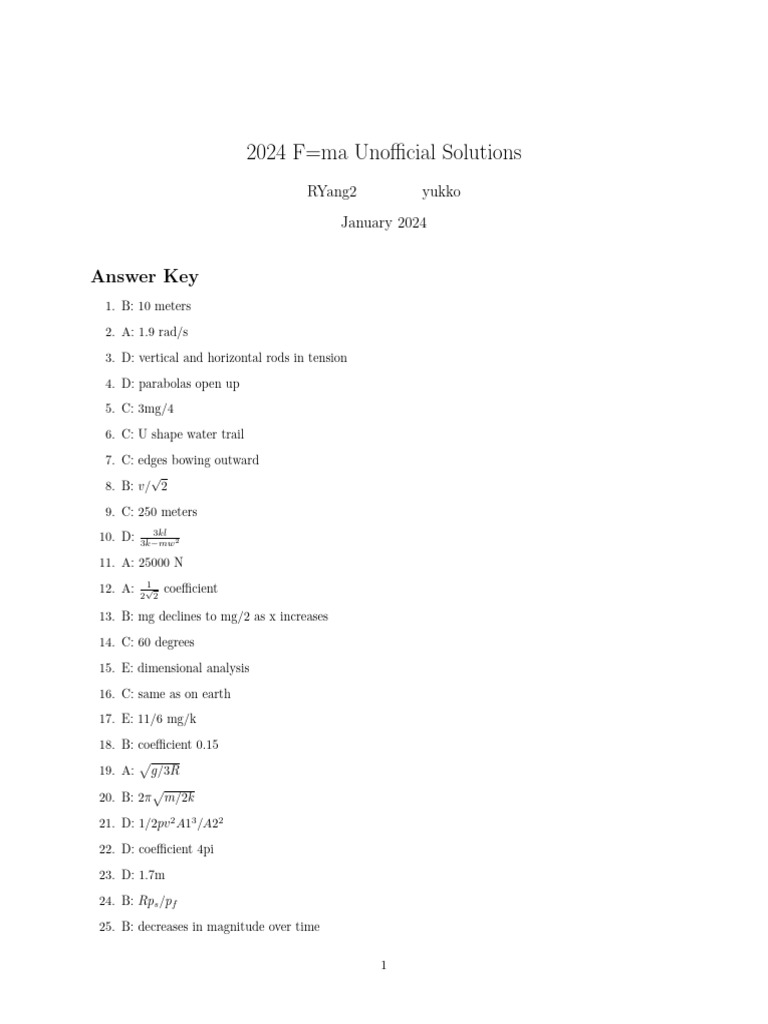 2024 F=ma Physics Solutions | PDF | Force | Velocity