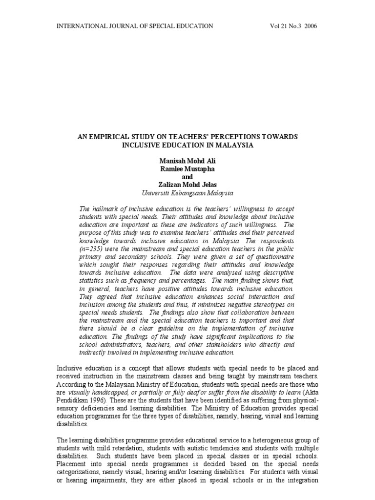 Teachers' Views on Inclusive Education in Malaysia | PDF