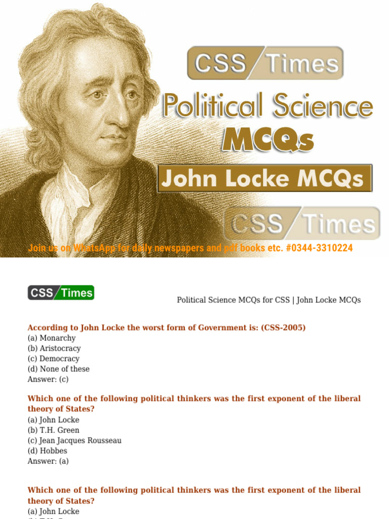 John Locke's Political Philosophy MCQs | PDF | John Locke | Political ...