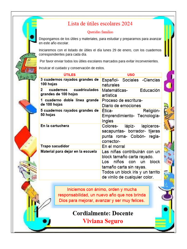 Lista de Utiles Escolares 2024 | PDF