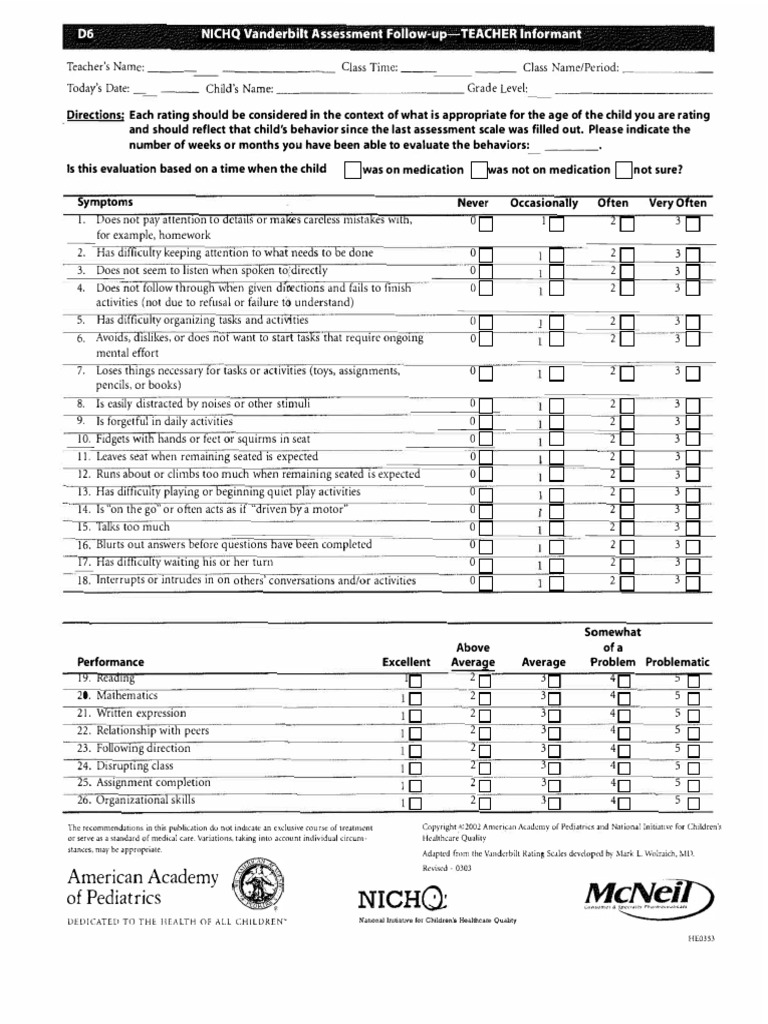 Nichq follow up teacher informant pdf attention psychological