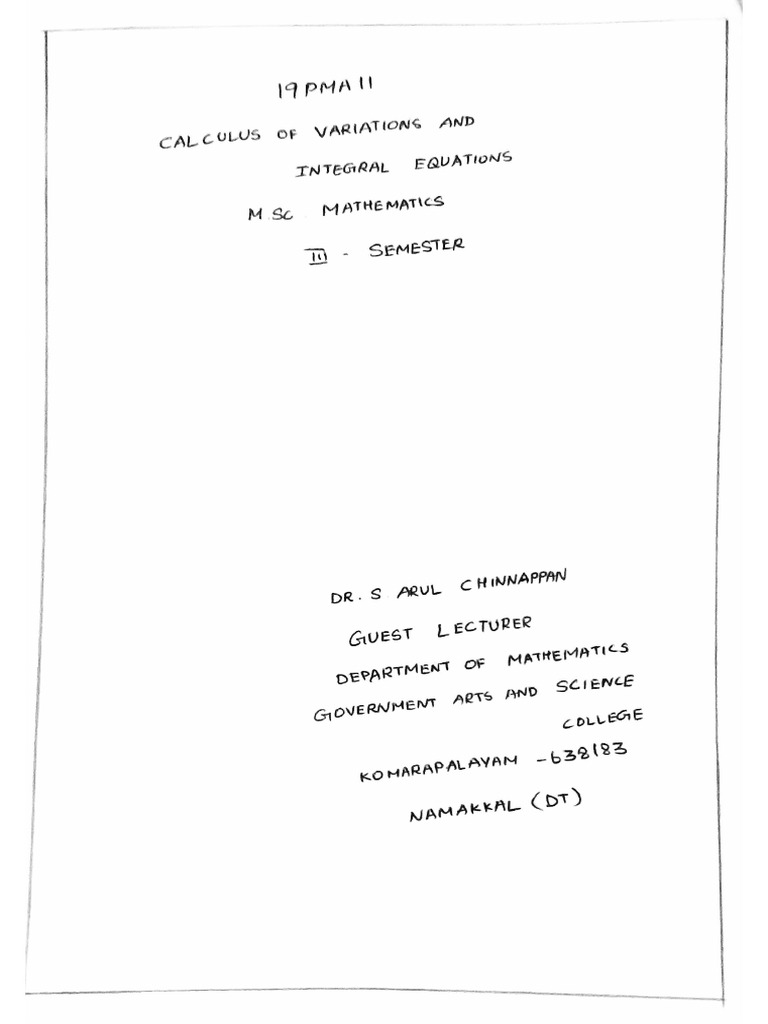 19PMA11 - CALCULUS OF VARIATIONS AND INTEGRAL EQUATIONS Unit - 1 | PDF