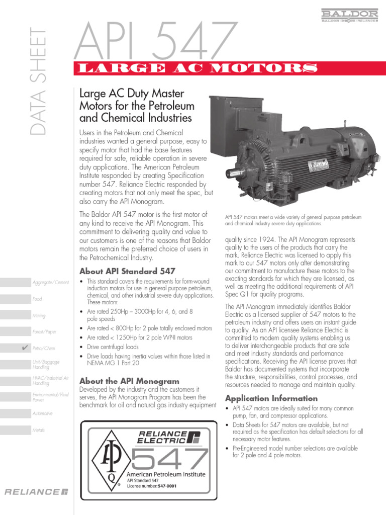 Baldor API 547 Motors Overview | PDF | Electric Motor | Specification ...
