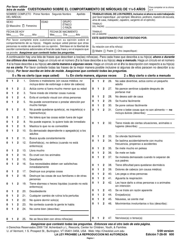 CBCL 1 - 5-5 Final Latino Spanish | PDF | Enfermedades y trastornos ...