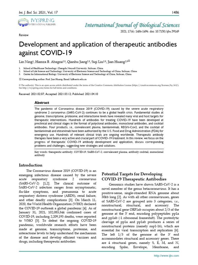 Therapeutic Antibodies for COVID-19 | PDF | Antibody | Monoclonal Antibody