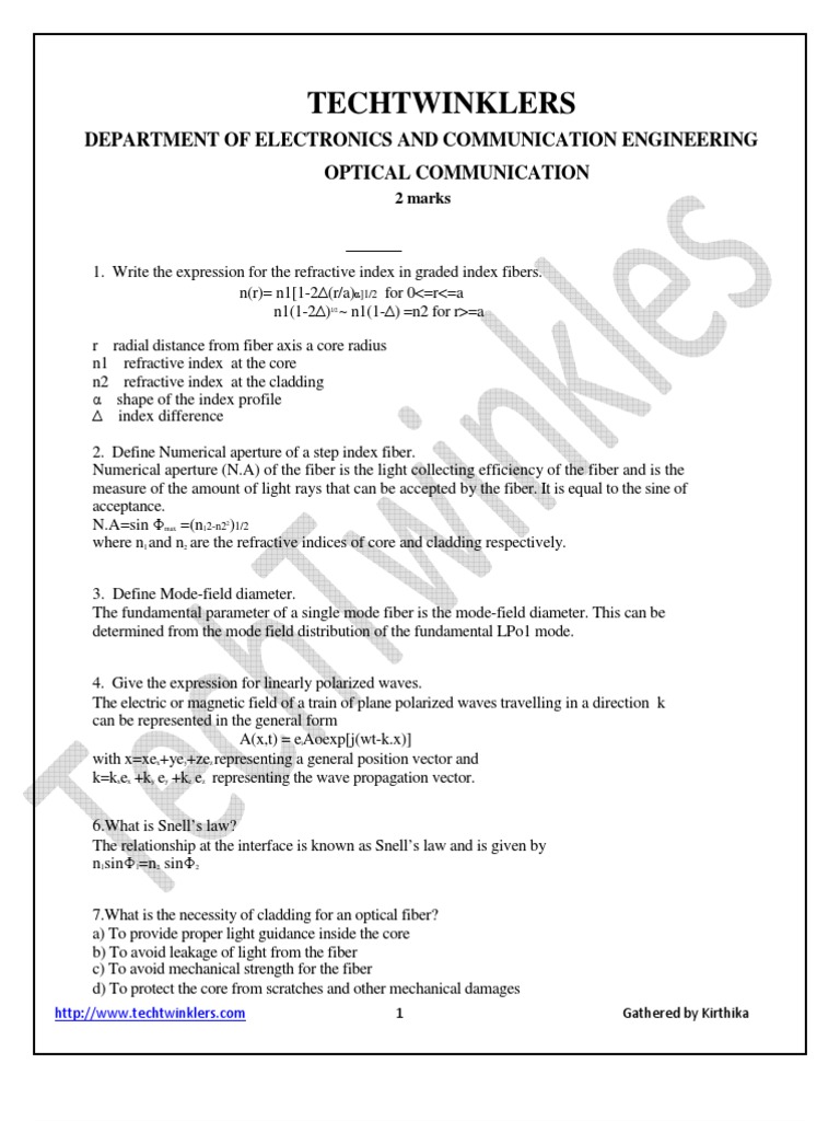 Optical Communication Question Bank PDF Dispersion (Optics) Optical Fiber