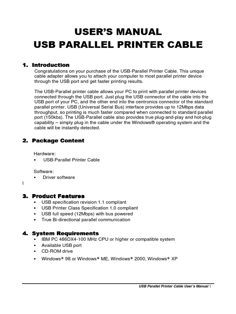 USB PARALLEL PRINTER CABLE User's Manual (English) | PDF | Usb ...