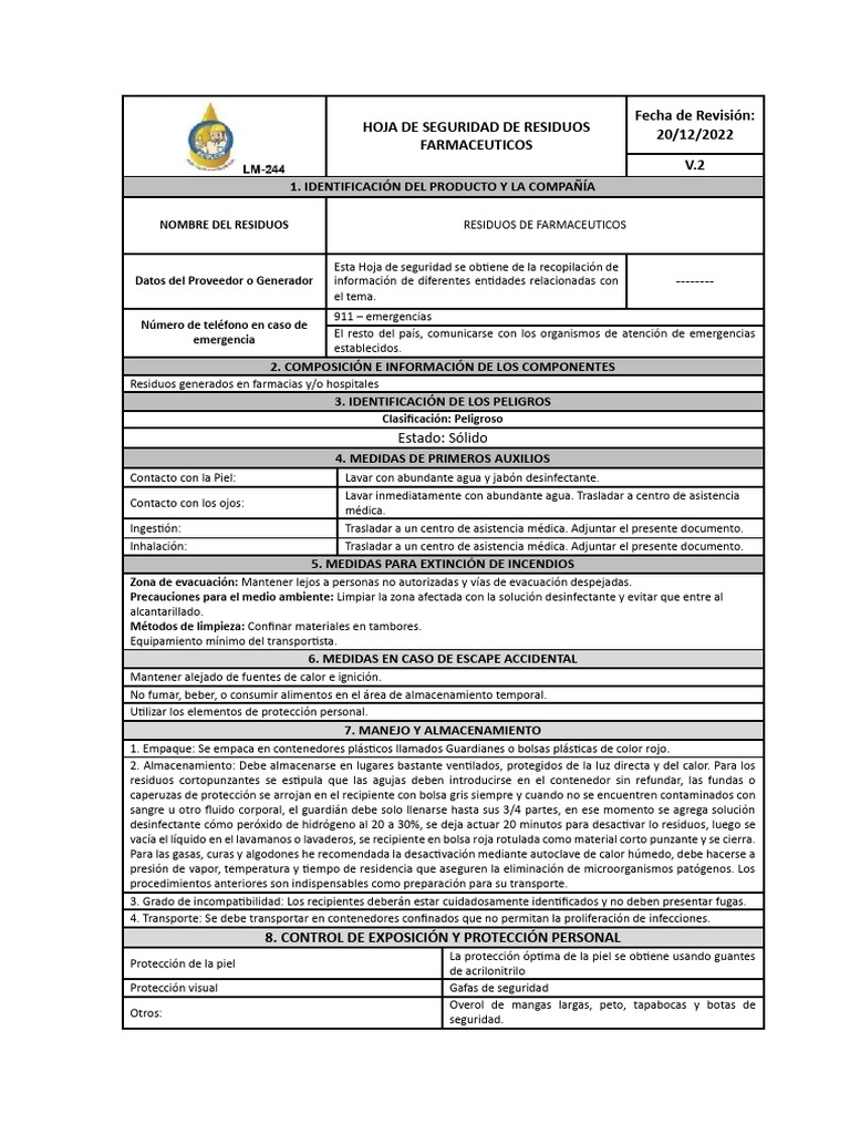 Hoja de Seguridad de Residuos Farmacéuticos | PDF | Agua | Residuos