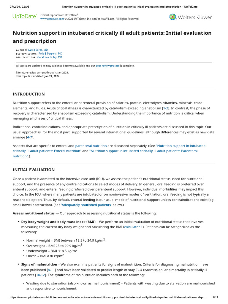 Nutrition Support in Intubated Critically Ill Adult Patients - Initial ...