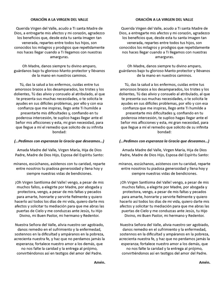 Oración a la Virgen del Valle | PDF | María, madre de Jesús | Intercesión