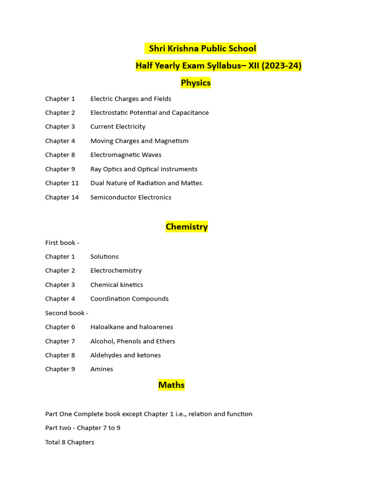 XII Half Yearly Exam Syllabus 2023-24 | PDF