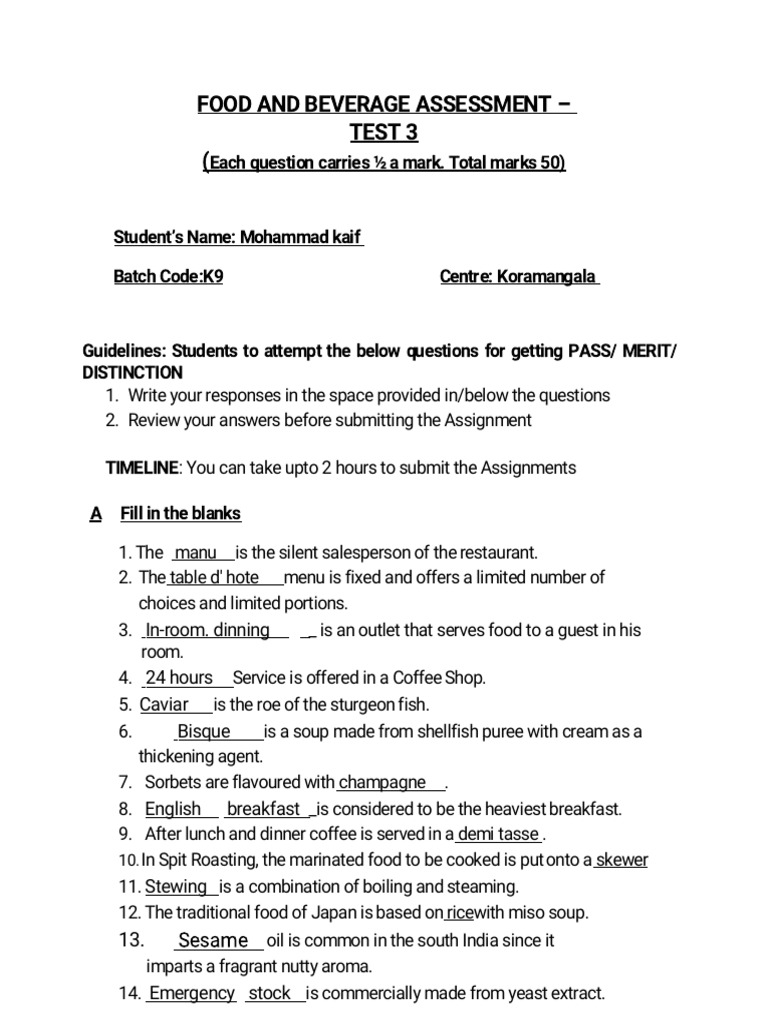 Food and Beverage Assessment Test 3 | PDF | Sauce | Salad