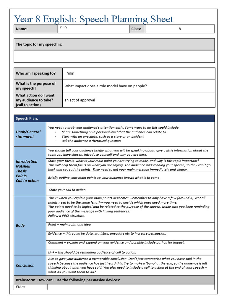 Role Model Speech Planning Guide | PDF | Rhetoric | Logos