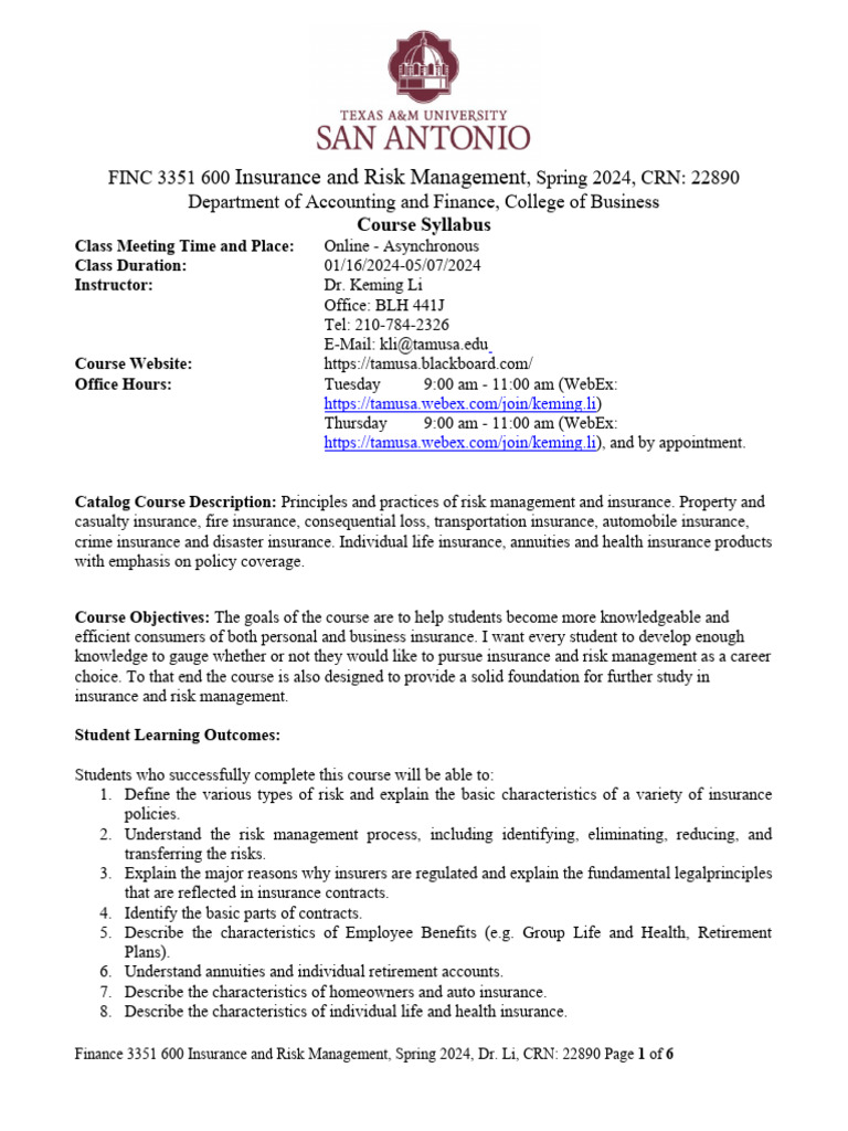 Insurance and Risk Management Syllabus | PDF | Insurance | Academic ...