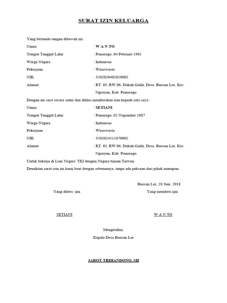 Surat Izin Kerja TKI dari Baosan Lor | PDF