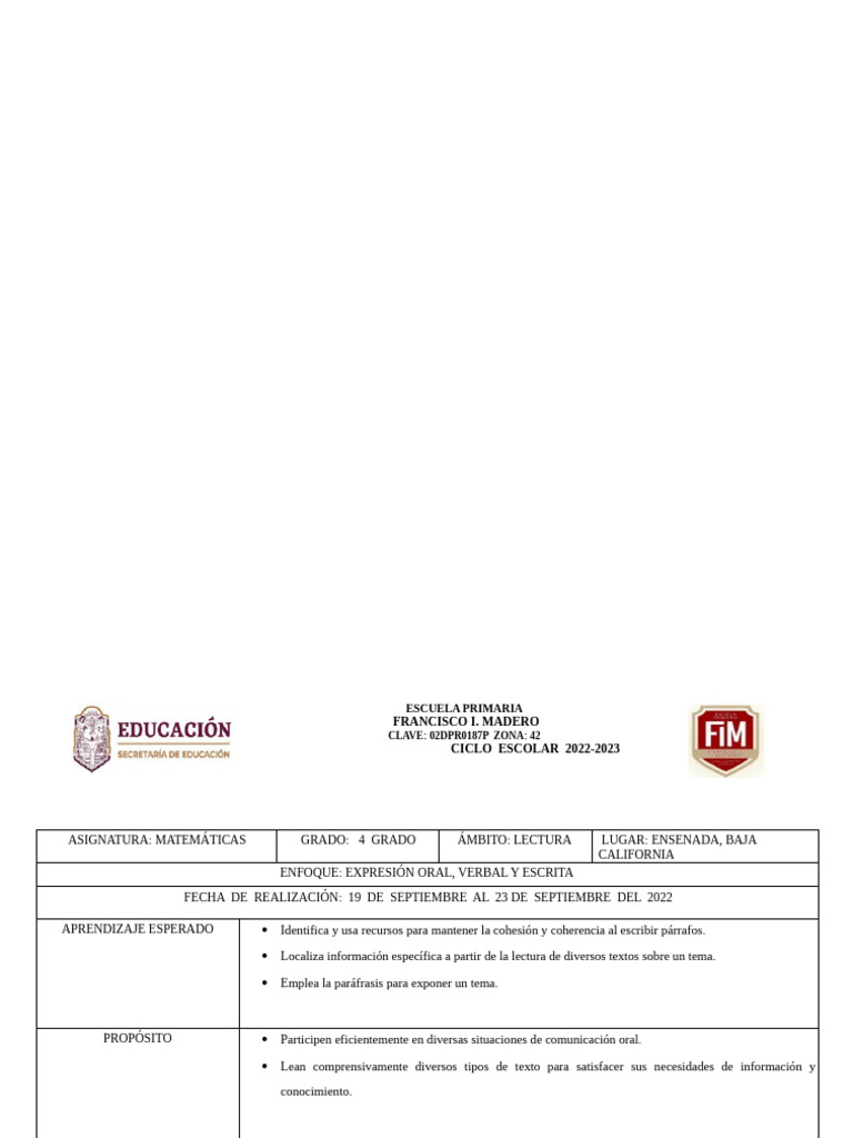 Planeacion de ESPANOL SEMANA 2 | PDF | Educación primaria ...