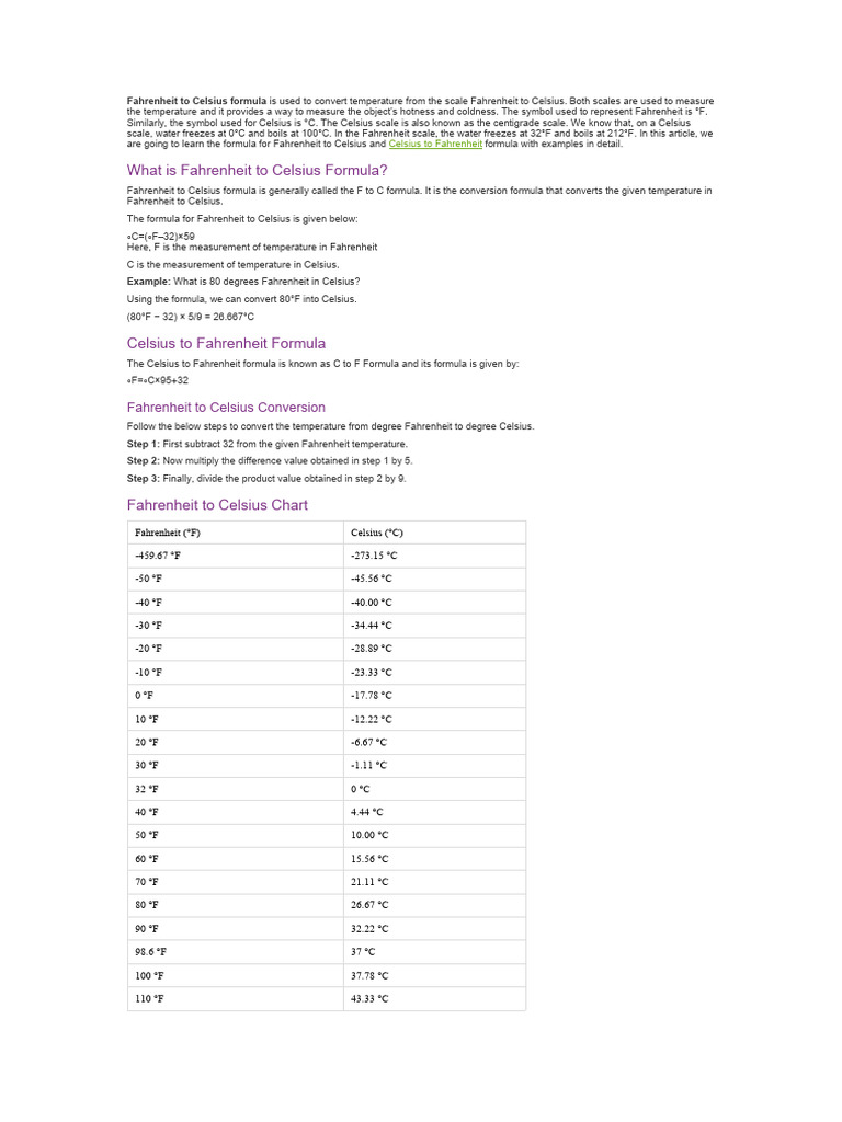 Fahrenheit To Celsius Formula | PDF | Fahrenheit | Celsius