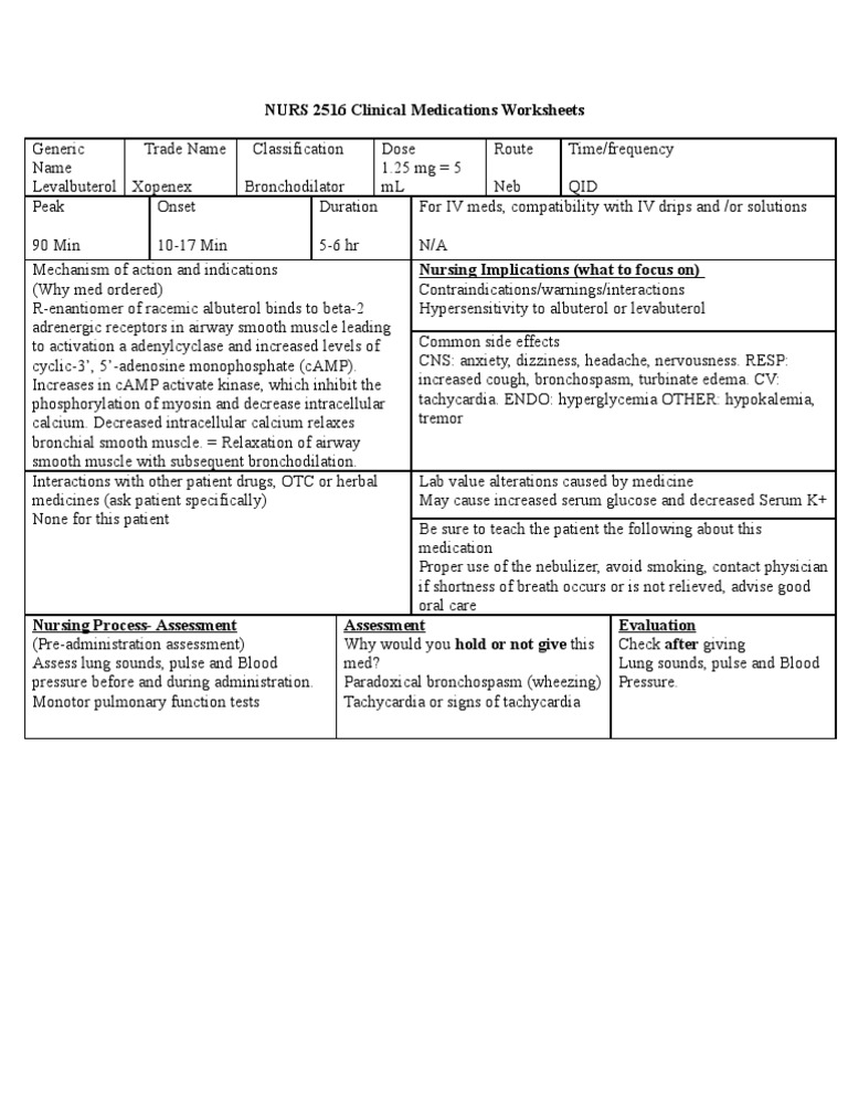 Levalbuterol (Xopenex) Nursing Guide | PDF | Drugs | Pharmacology