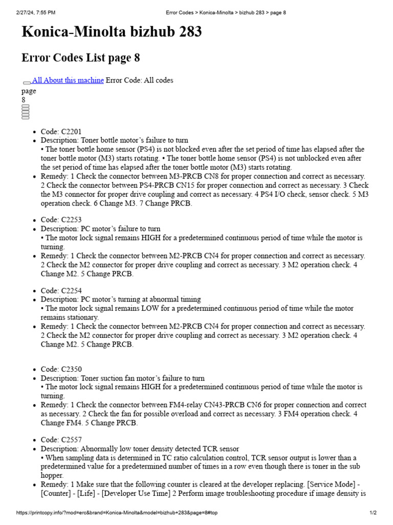 Error Codes KonicaMinolta Bizhub 283 Page 8 PDF Computing
