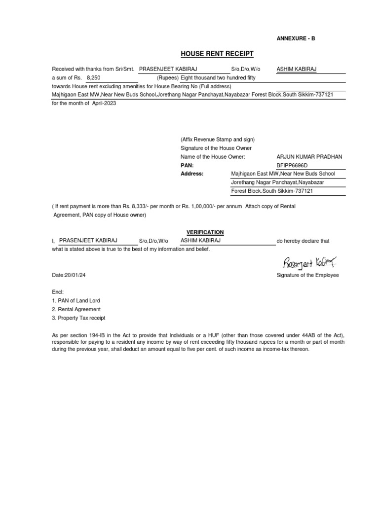 Rent Paid Receipt 090642 | PDF | Renting | Income Tax