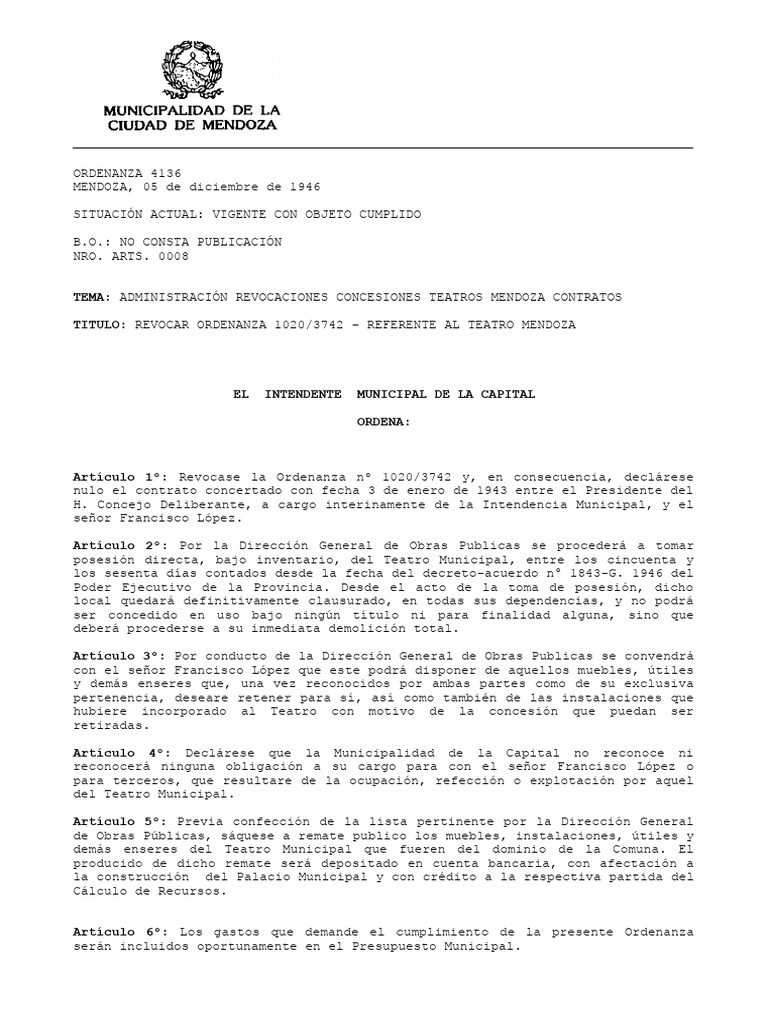 Revocación Ordenanza Teatro Mendoza | PDF